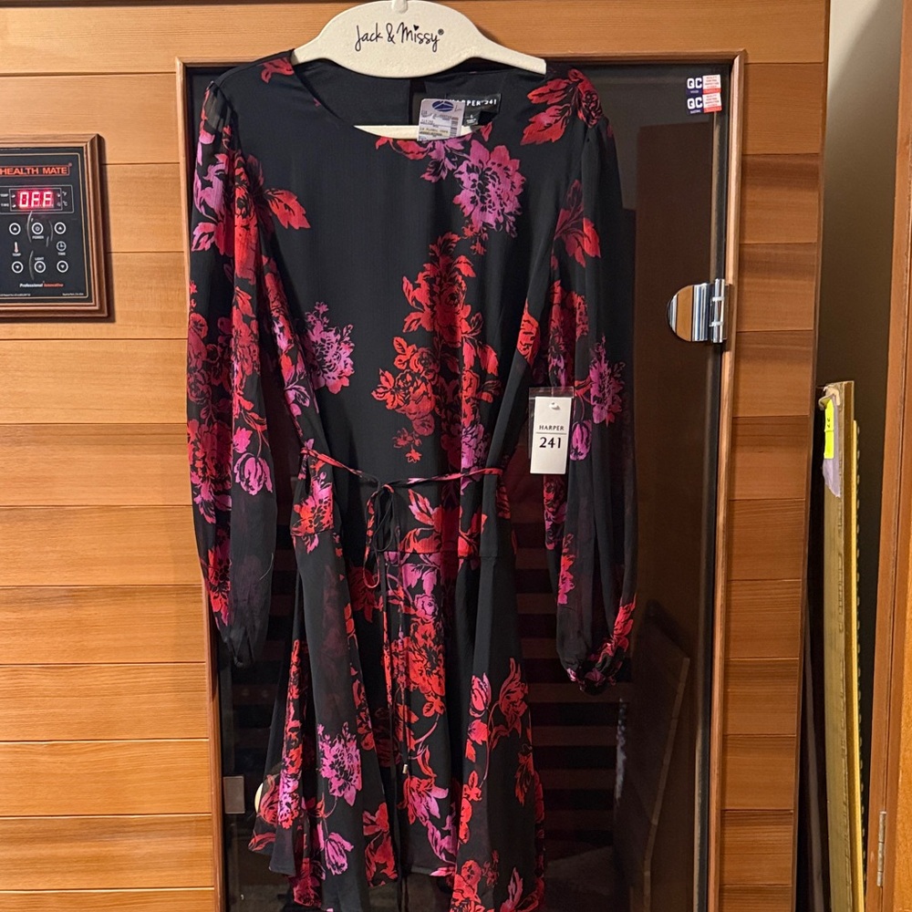 Harper Black Dress with Red and Pink Floral Design new with tags